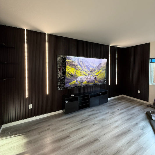 Slat Wall Feature With Corner Shelves and Mounted TV – Elk Grove